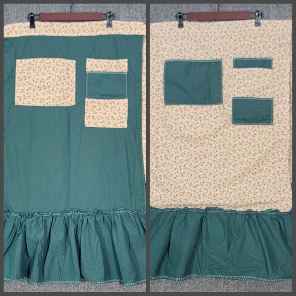 Vintage Handmade Reversible Half Apron Green Beige Floral Long Maxi With Pockets